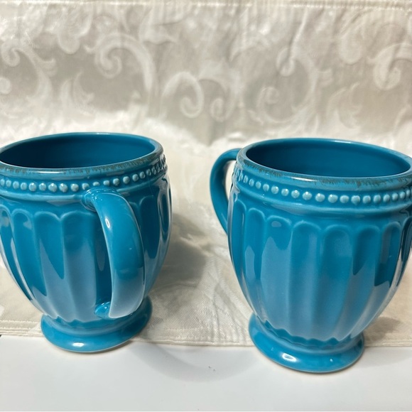 2 Lenox Blue Mugs Set Ribbed Design Coffee Tea Cups Footed Turquoise Teal Blue - Picture 1 of 10